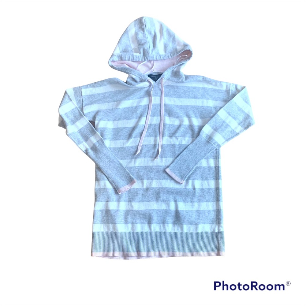 Pink and gray striped hooded sweatshirt